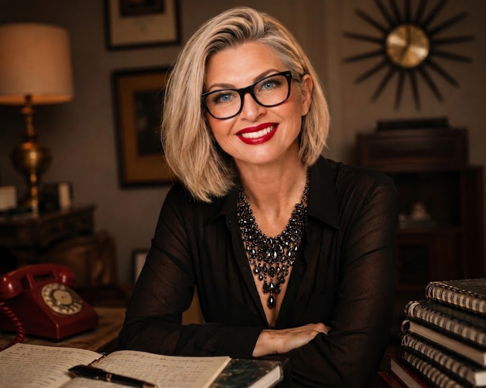 A woman with short blonde hair and black-rimmed glasses sits at a desk in a warm, dimly lit office environment. She is wearing a black blouse and a layered black beaded necklace.